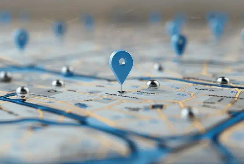 visualise-workforce-locations-img Blue location pin marker on digital map with navigation routes