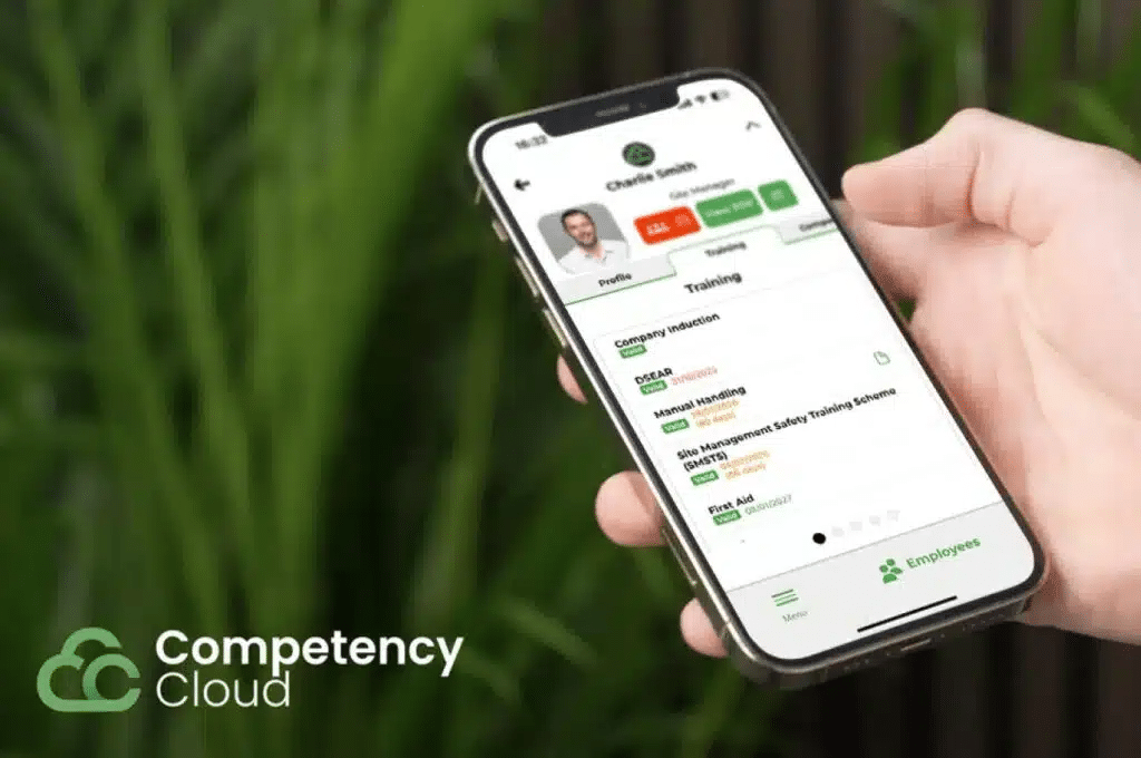 Competency Cloud app displaying employee training courses on smartphone