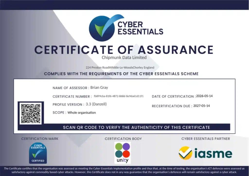 Cyber Essentials Certificate of Assurance for Chipmunk Data Limited