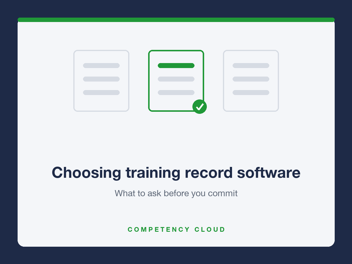 Three training record software options compared, with one shortlisted and ticked